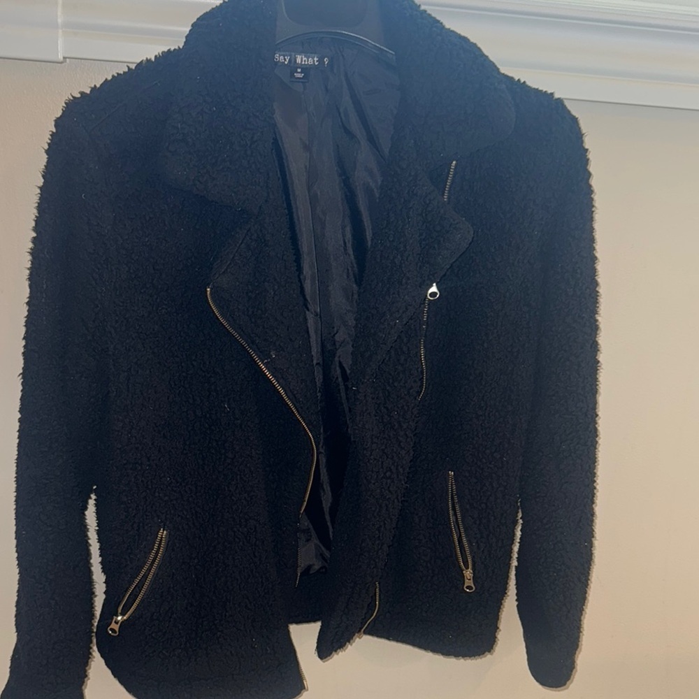 Say What? Black Teddy Jacket Asymmetrical Zipper Lapel Collar